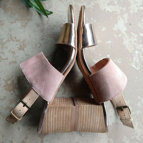 TOMS Poppy Metallic Sandals Size 10 Pink Rose Gold Strappy Block Heel Suede - Picture 5 of 8
